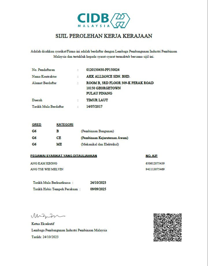 Contractor Registration, AKK Alliance certificate