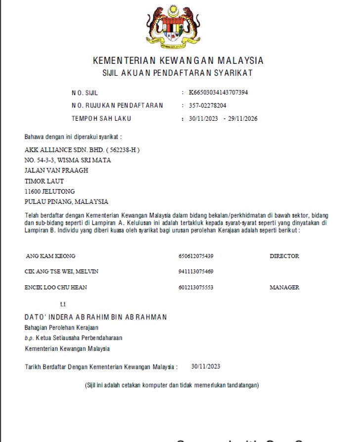 MOF Registration, AKK Alliance certificate
